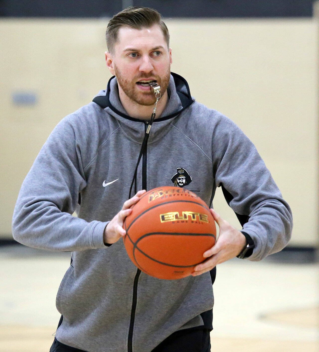 Peninsula College men’s basketball coach Donald Rollman conducts a drill during a recent practice. With 10 experienced players returning to a 16-player roster, the Pirates look to compete for a North Region title. (Peninsula College)
