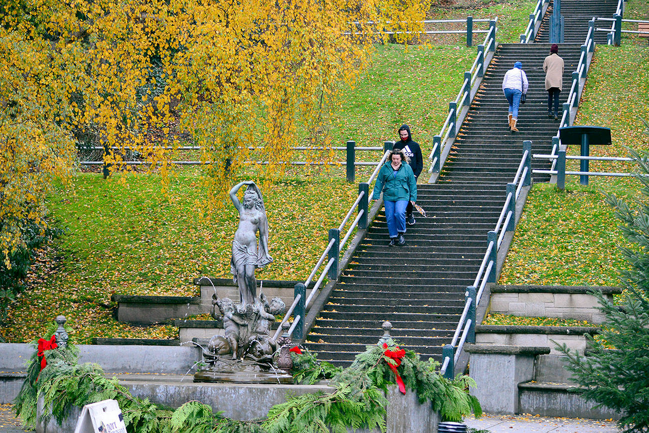 Cameron Masters and Michael Archer of Seattle descend the Taylor Street stairs into downtown Port Townsend on Saturday, where holiday shopping was well underway. Retailers offered specials all across the North Olympic Peninsula for Small Business Saturday. Diane Urbani de la Paz/Peninsula Daily News