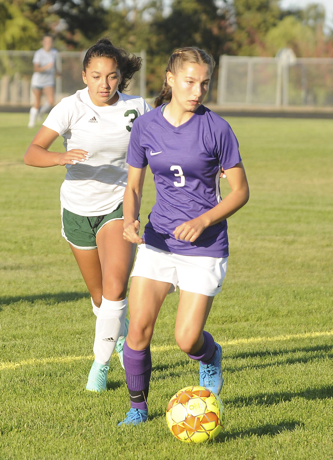 Sequims Taryn Johnson (right), who scored 24 goals for the Wolves this season as a sophomore, made the All-Peninsula Girls Soccer team. (Michael Dashiell/Olympic Peninsula News Group)