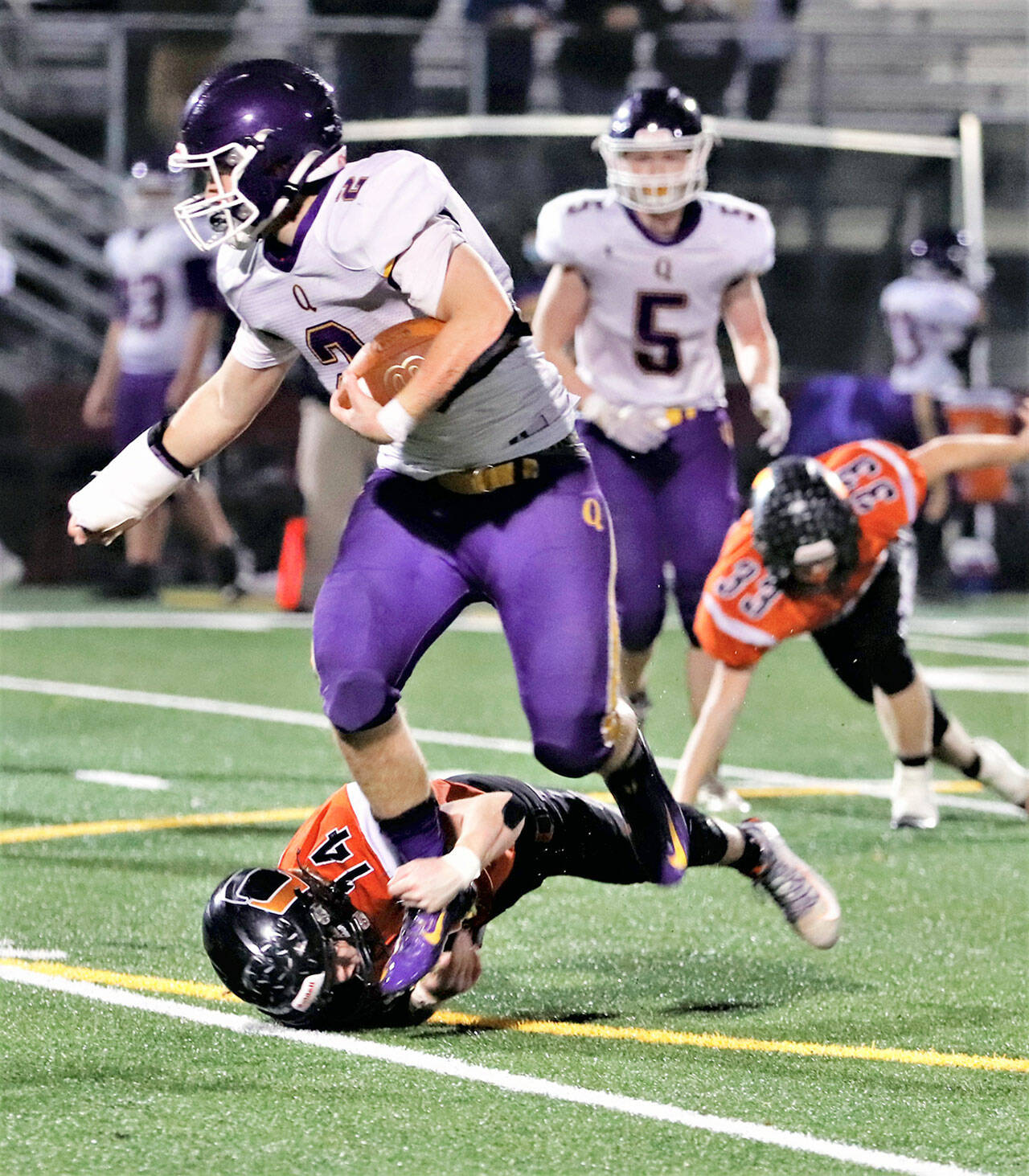 Quilcenes Bishop Budnek totaled 240 rushing yards and four touchdowns on 37 carries in the Rangers 36-12 semifinal win over Odessa. Budnek earned a WIAA Athlete of the Week honor for his efforts. (Roger Harnack/Cheney Free Press)