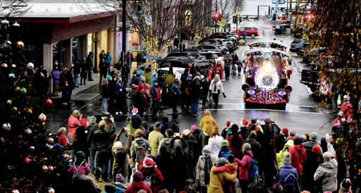 The Kiwanis Choo Choo pulled onto Taylor Street in downtown Port Townsend for the community Christmas tree lighting Saturday evening. The lighted, horn-sounding train will make another appearance in Uptown and downtown Port Townsend this coming Saturday. (Diane Urbani de la Paz/Peninsula Daily News)