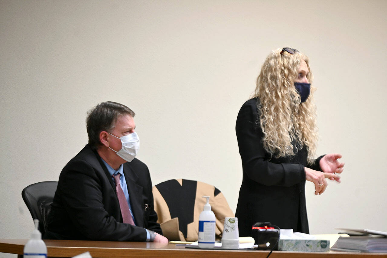 Karen Unger, representing accused triple-murderer Dennis Bauer, addresses Superior Court Judge Lauren Erickson Friday. (Paul Gottlieb/Peninsula Daily News)