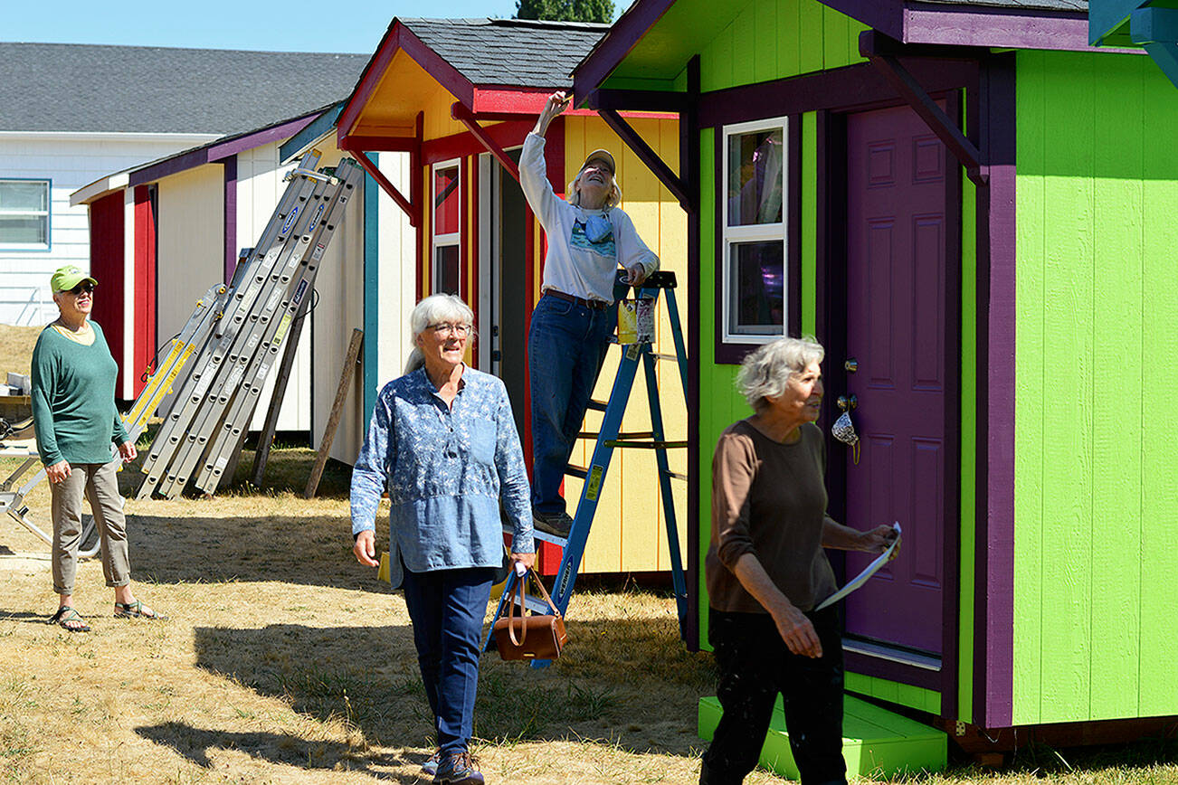 Judith Alexander, center, pictured at Port Townsend’s Community Build Project site last summer, is the AAUW’s 2022 Woman of Excellence award honoree. (Diane Urbani de la Paz/Peninsula Daily News)