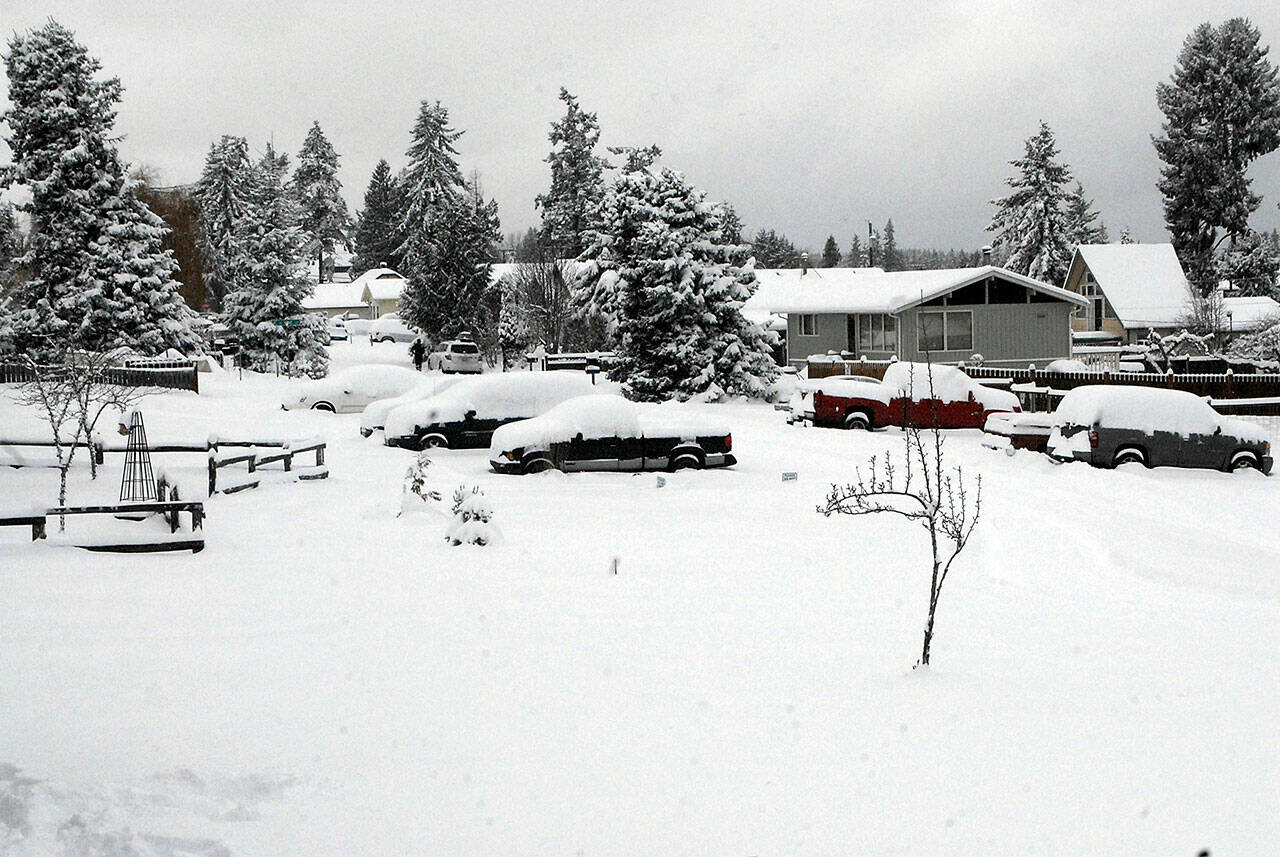 Up to a foot of snow blankets a neighborhood in the 400 block of East Lopez Avenue in Port Angeles on Sunday morning. (Keith Thorpe/Peninsula Daily News)