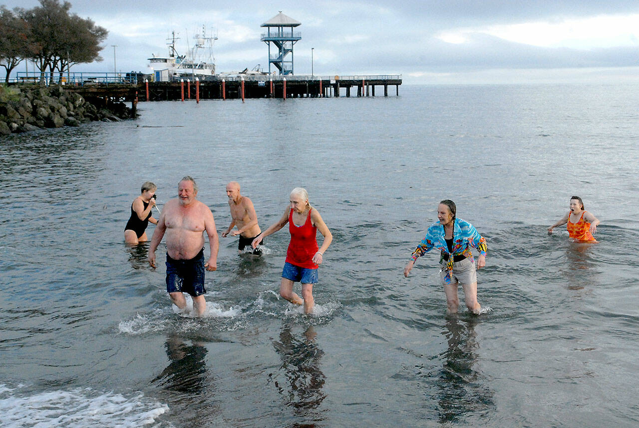 Polar Bear participants emerge from the chilly water of Port Angeles Harbor during the 2021 New Years Day plunge at Hollywood Beach, which happened despite a pandemic and the lack of an organized plan. (Keith Thorpe/Peninsula Daily News)