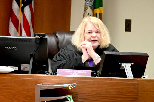 Judge Lauren Erickson addresses the jury during the final day of testimony Tuesday in Dennis Marvin Bauer's triple-murder trial. (Paul Gottlieb/Peninsula Daily News)