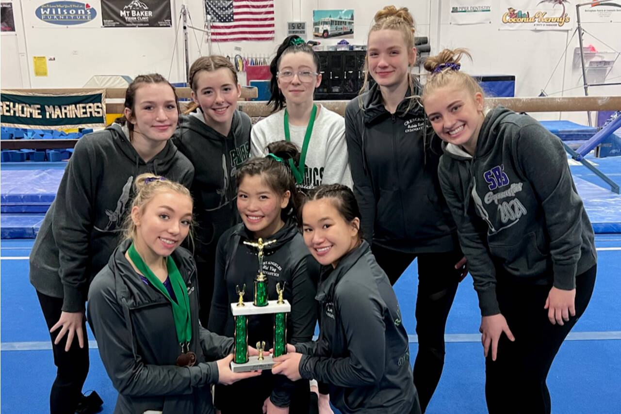 Courtesy photo
The Port Angeles/Sequim/Crescent gymnastics team took second at the Sehome Invitational this weekend. From left, back row are Maddie Adams, Faith Carr, Jessamyn Schindler, Aubrie Scott and Alex Schmadeke. From left, front row are Susannah Sharp, Mei-Ying Harper-Smith and Yau Fu.