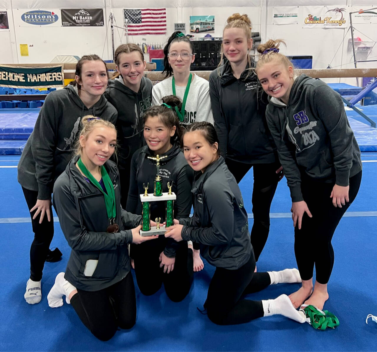 Courtesy photo The Port Angeles/Sequim/Crescent gymnastics team took second at the Sehome Invitational this weekend. From left, back row are Maddie Adams, Faith Carr, Jessamyn Schindler, Aubrie Scott and Alex Schmadeke. From left, front row are Susannah Sharp, Mei-Ying Harper-Smith and Yau Fu.