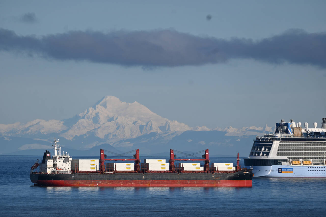 Mount Baker looms Sunday afternoon over the Chinese-built bulk carrier Eredine and the cruise ship Ovation of the Seas, anchored at two of six federally designated anchor points in Port Angeles Harbor. The Ovation of the Seas is circling the Puget Sound area until it can either go to Australia or start its Alaskan season. Only crew members are on board. (Paul Gottlieb/Peninsula Daily News)
