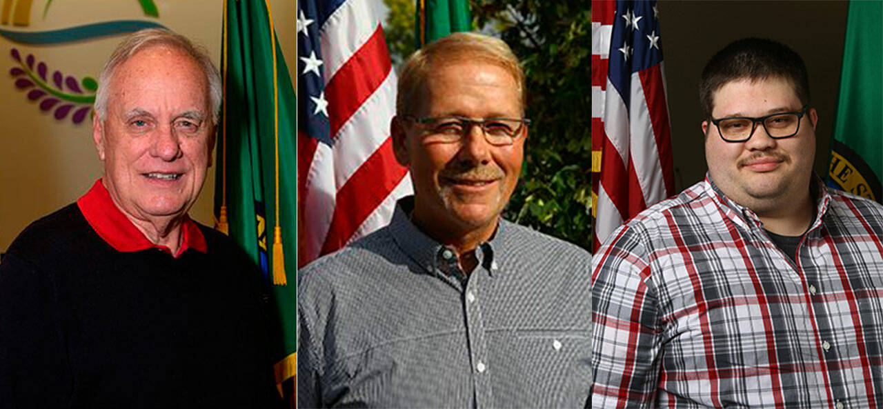 From left, new Sequim mayor Tom Ferrell, former Sequim mayor William Armacost and new deputy mayor Brandon Janisse. (Submitted photos)