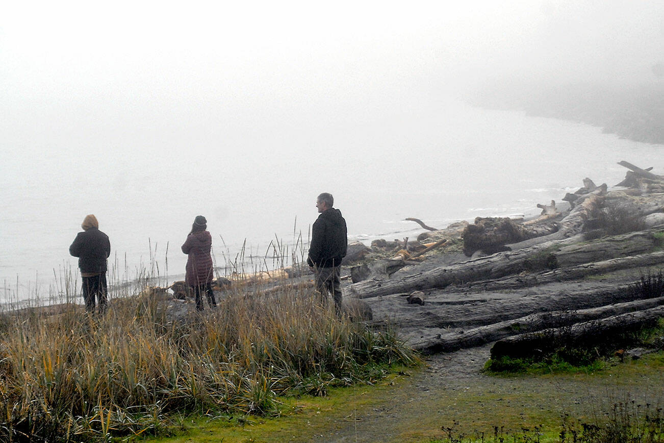Keith Thorpe/Peninsula Daily News
Onlookers stand on a fog -shrouded Hollywood Beach in Port Angeles after the most of the Pacific Coast was placed under a tsunami advisory on Saturday morning.
