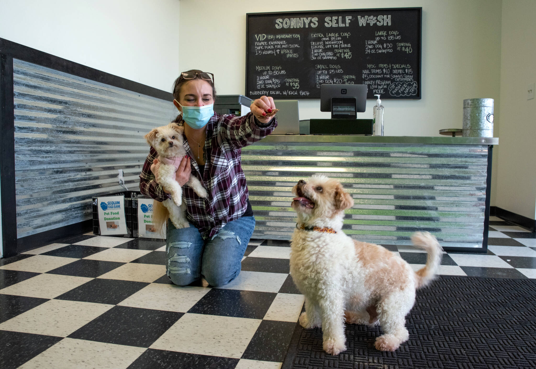 Mary Kniskern, owner of Sonny’s Self Wash, plays with her dogs Sonny, in front, and Piper, in her arms. Behind Kniskern are boxes for people to drop off pet food for the Sequim Food Bank. (Emily Matthiessen/Olympic Peninsula News Group)