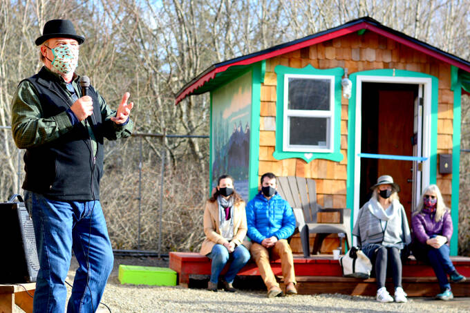 Community Build Project builder Randy Welle marvels at the completion of Pat's Place, the tiny home village in Port Townsend, on Saturday afternoon. (Diane Urbani de la Paz/Peninsula Daily News)