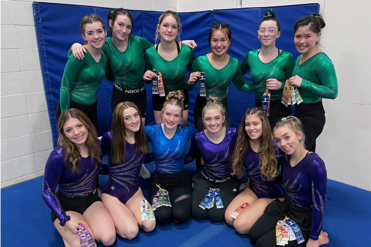 Courtesy photo
The Port Angeles/Sequim/Crescent gymnastics team won a dual with Kingston this weekend. From left, back row, are Faith Caar, Maddie Adams, Kathryn Jones, Yau Fu, Jessamyn Schindler and Mei-Ying Harper-Smith. From left, front row, are Ellie Turner, Danica Pierson, Aubrie Scott, Alex Schmadeke, Amara Brown and Susannah Sharp.