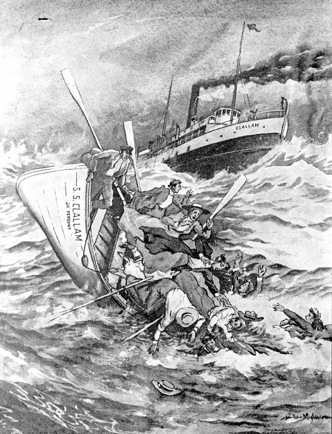 A drawing depicts the tragedy of the SS Clallam and its passengers. (Bert Kellogg Collection / North Olympic Library System)