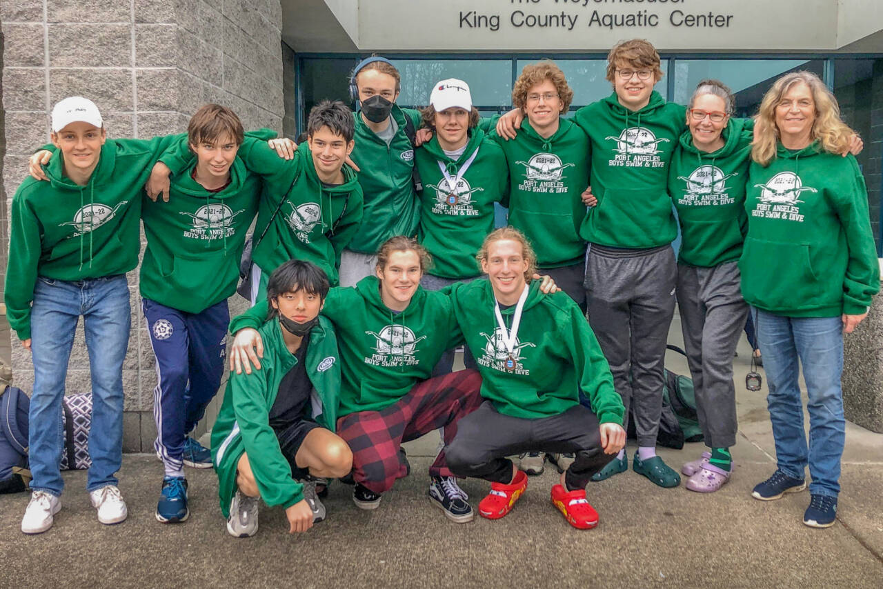 The Port Angeles boys swim team finished eighth in the state 2A meet held at the King County Aquatic Center in Federal Way this weekend. From left, back row, are Jacob Miller, Max Baeder, Blake Nahory, Aidan Butterworth, Landon Close, Colby Ellefson (Sequim), Adam Weller, head coach Sally Cole and assistant coach Lisa Walls. From left, front, are Alex Che, Adam Boyd and Josh Gavin. (Courtesy photo)