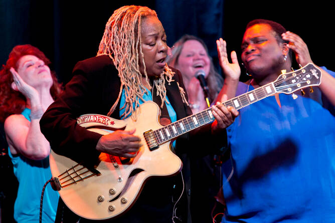 The Blues Is a Woman ensemble — including, from left, Pamela Rose, Pat Wilder, Kristen Strom and Daria “Shani” Johnson — brings its theatrical show to the Port Angeles High School Performing Arts Center this Saturday. (Blues Is a Woman)