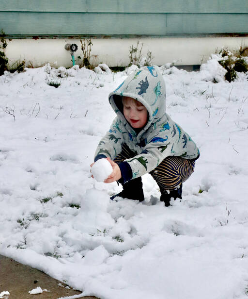 Grayson Haag, 3, helps make a small snowman Thursday morning from his home on Peabody Street. His mom, Amber Garbrick, helped with the fun in the snow. (Dave Logan/for Peninsula Daily News)