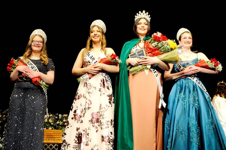 Four Sequim High Schoolers make up the Sequim Irrigation Festival’s royalty court. From left, princess Lauren Willis, princess Ellie Turner, queen Isabella Williams and princess Katherine Gould were crowned Saturday at Sequim High School. The royalty will see their float revealed at the festival’s kickoff dinner March 19 at 7 Cedars Casino. From there, they’ll tentatively participate in dozens of events for the Irrigation Festival’s 127th year, including festivities May 6-14. Organizers are planning for in-person events this year. For more information, visit irrigationfestival.com. (Matthew Nash/ Olympic Peninsula News Group)