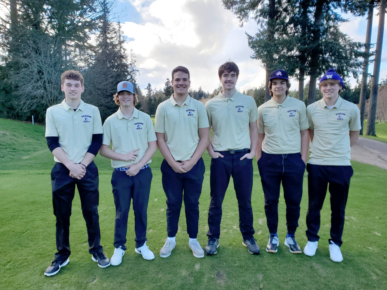 The Sequim boys golf team is the defending Olympic League state champion. The boys won their first match of the year last weekend. From left are Dominic Riccobene, Ben Sweet, Pryce Glasser, Cole Smithson, Lars Wiker and Zack Thompson. (Photo courtesy of Sean O'Mera)