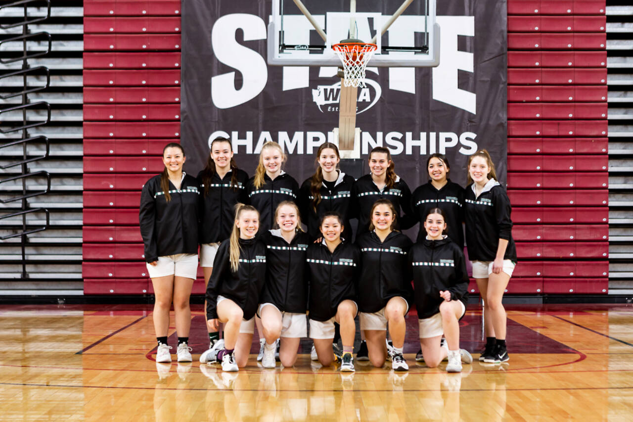 The Port Angeles girls basketball team qualified for the state 2A tournament in Yakima after a two-year hiatus. From left, front row are, Isabelle Felton, Anna Petty, Jenna McGoff, Eve Burke and Raeah Kibe. From left, back row, are Angelina Sprague, Lexie Smith, Paige Mason, Catherine Brown, Bailee Larson, Piper Williams and Jayde Gedelman. (Dewi Sprague Photography.)