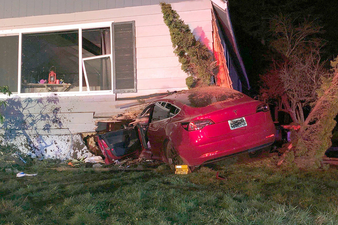 A 24-year-old man reportedly drove his vehicle into a house in the 800 block of Monroe Road east of Port Angeles on Monday night. He remained in critical condition Tuesday afternoon at Harborview Medical Center in Seattle. (Clallam County Fire District 2)