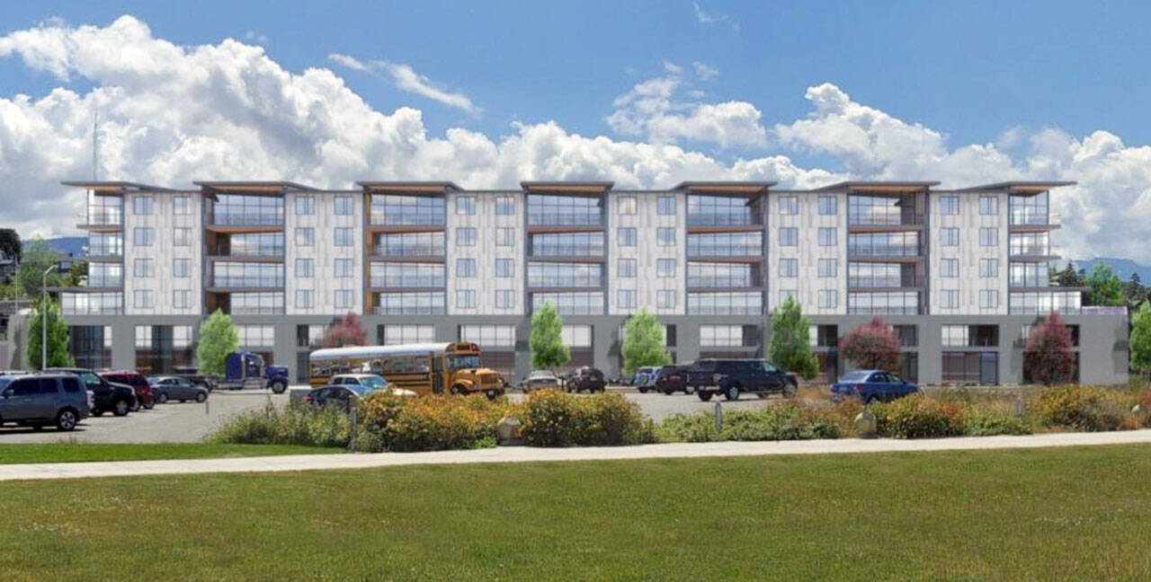 An artist’s rendition of the Anian Shores development in downtown Port Angeles minus a seventh story expected to be added in the final project. (Eric Dupar)