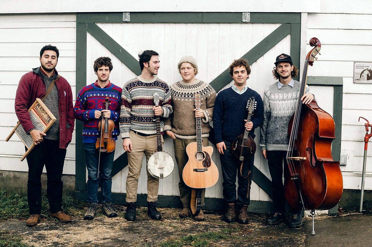 The Sweater Weather Stringband — from left, Adam Amr, Joey Gish, Richard Vinh, Will Jevne, Collin Macivinchey and Colin Schmidt — will step up to play at Port Angeles’ New Moon Craft Tavern tonight. (Courtesy Sweater Weather Stringband)