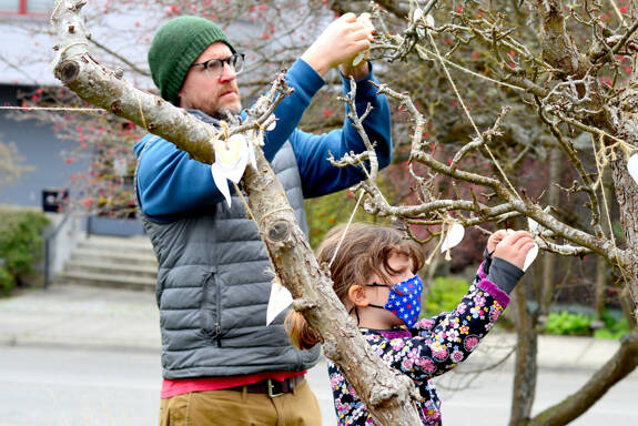 Matt Cooper and daughter Molly, 6, attach their wish slips Sunday afternoon onto the Port Townsend Library’s wishtree, which will be accepting wishes through March 31. The biodegradable, seed-impregnated slips are available inside the library, which is open Tuesdays through Sundays. (Diane Urbani de la Paz/Peninsula Daily News)