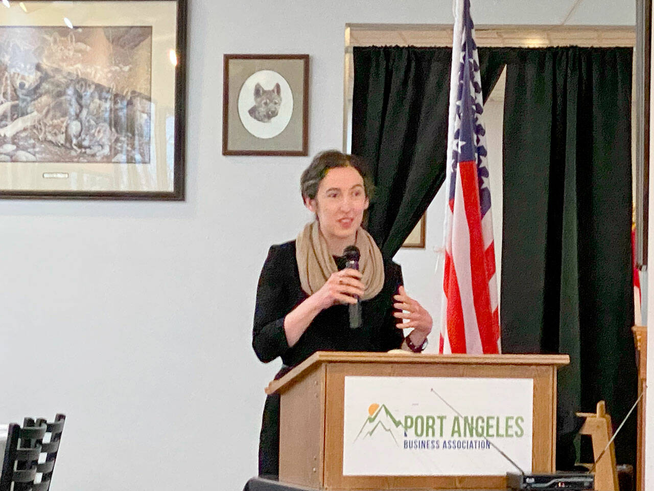 Dr. Allison Berry speaks Tuesday morning during the Port Angeles Business Association meeting. (Ken Park/Peninsula Daily News)