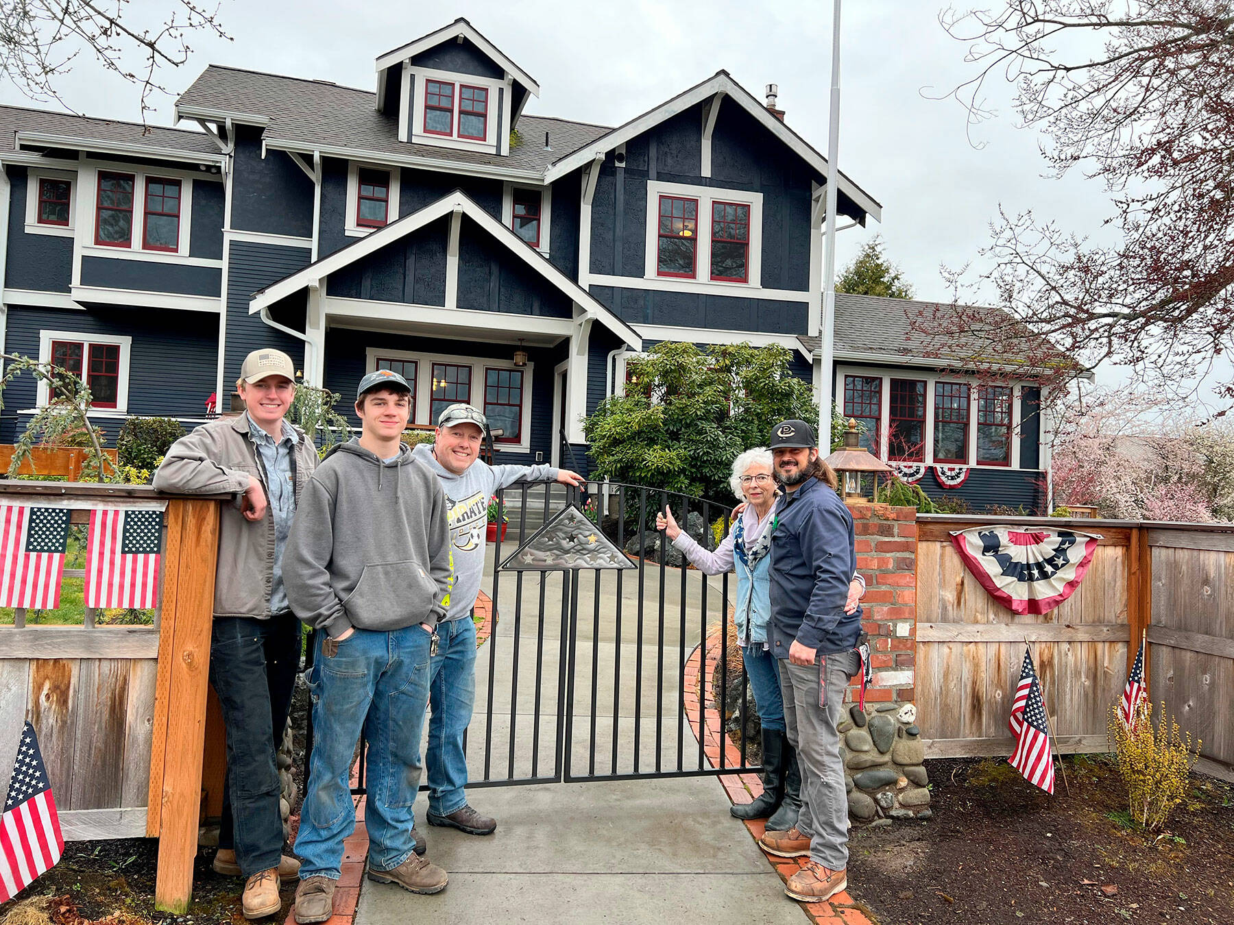 Pictured, from left to right, are Peninsula College students Blake Parker, James Hancock, welding instructor Eoin Doherty, Betsy Reed Schultz, and welding instructor Kelly Flanagan.