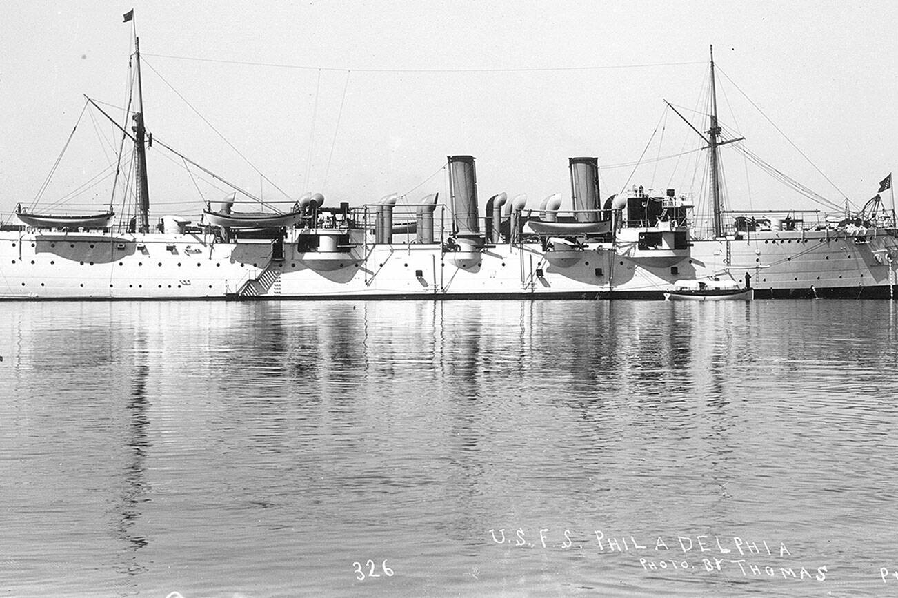 US Flag Ship Philadelphia in Port Angeles Harbor circa 1899. (Courtesy of the North Olympic History Center)