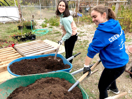 Student project manager Jeanette Patric, left, helps Hailey Gallagher shovel soil for native plants for their senior project — a remodel of Northwest Watershed Institute’s native plant nursery. (Northwest Watershed Institute)
