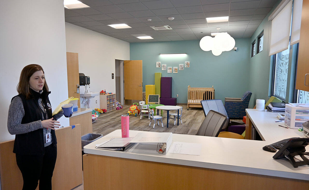 Molly Martin, Executive Director of the Jamestown Healing Clinic, explains services offered at the soon-to-open facility — including a daycare center. (Michael Dashiell/Olympic Peninsula News Group)