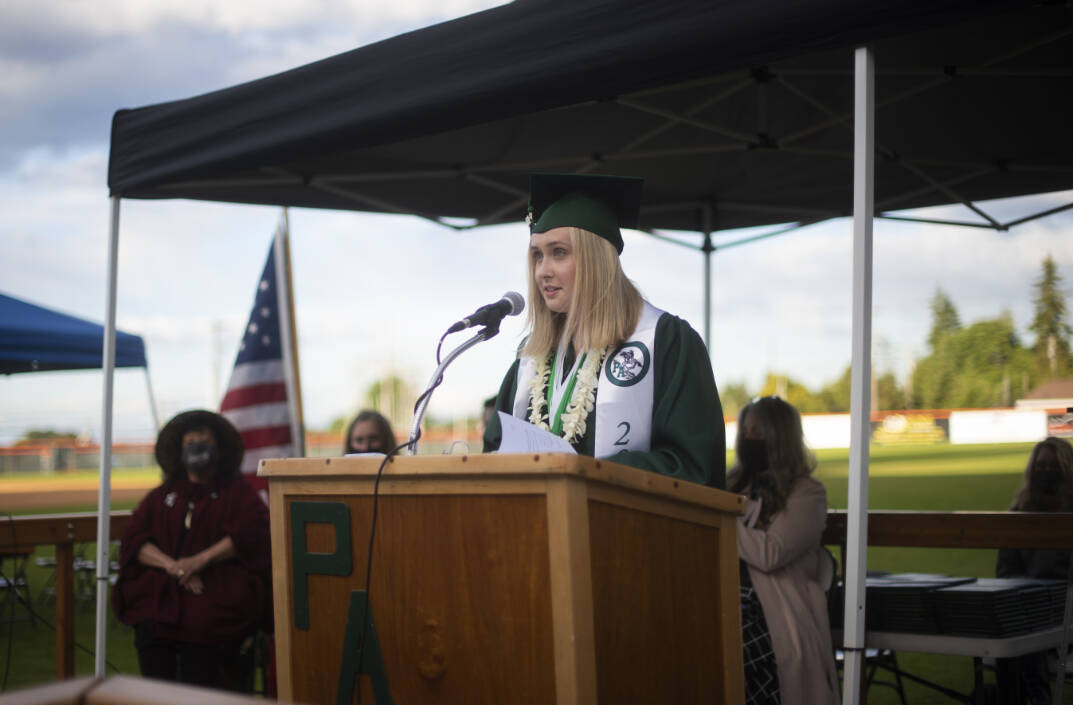 PAHS graduate Maizie Tucker delivering the class of 2021 graduation speech. Jesse Major photo.