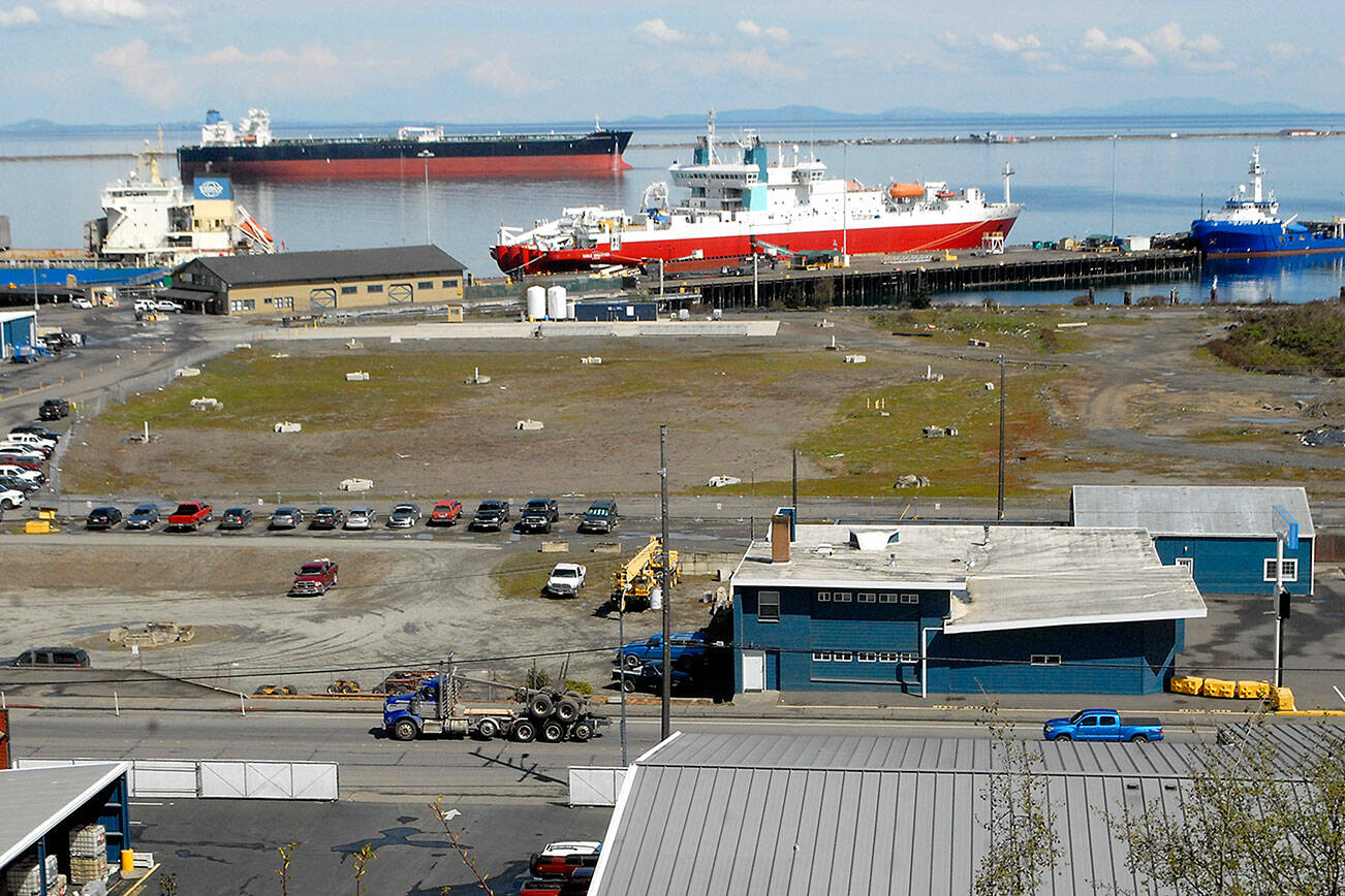A parcel of land where the former Peninsula Plywood mill once stood, shown on Thursday, is slated for development into a Marine Trades Center on the Port Angeles waterfront. (Keith Thorpe/Peninsula Daily News)