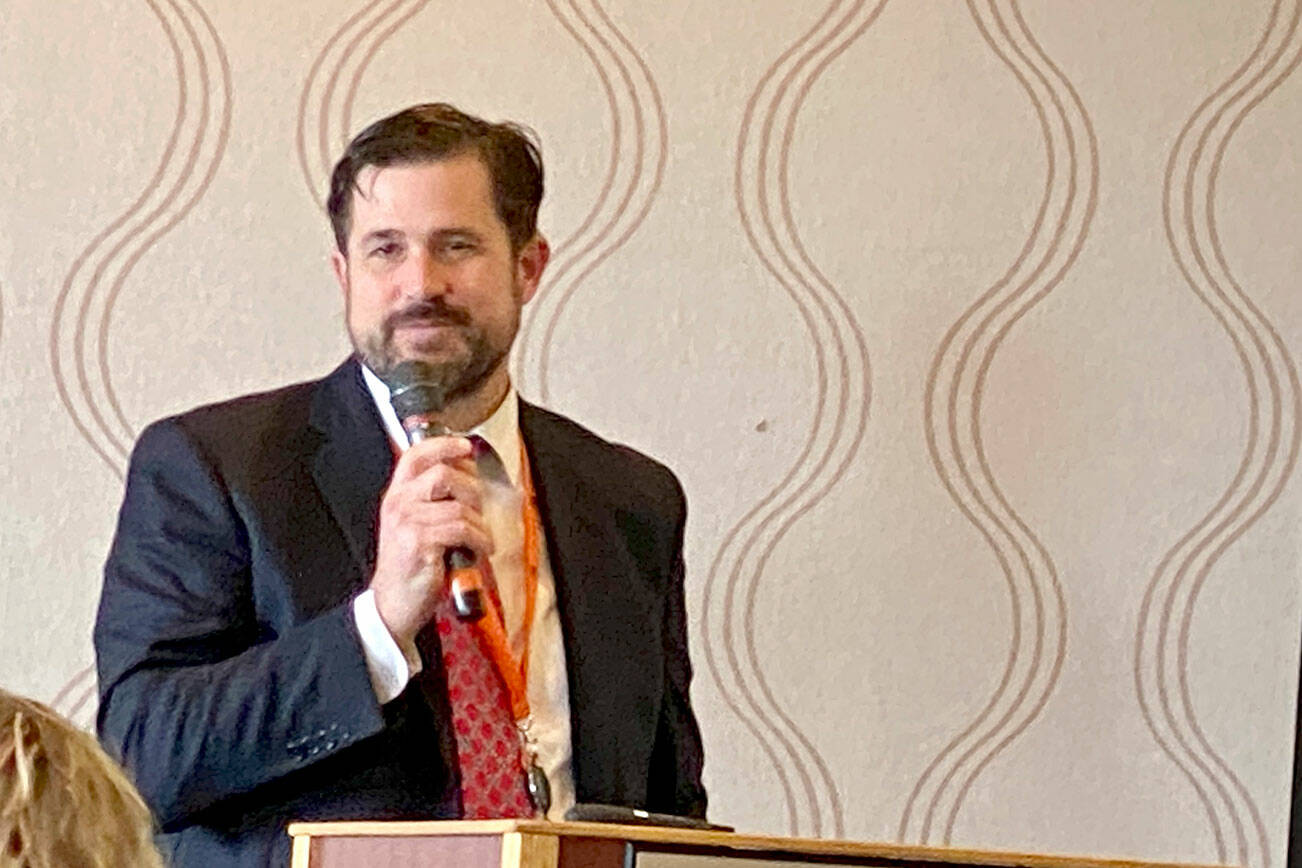 Port Angeles City Manager Nathan West gives his State of the City address at a Chamber of Commerce luncheon at the Red Lion Hotel. (Ken Park/Peninsula Daily News)