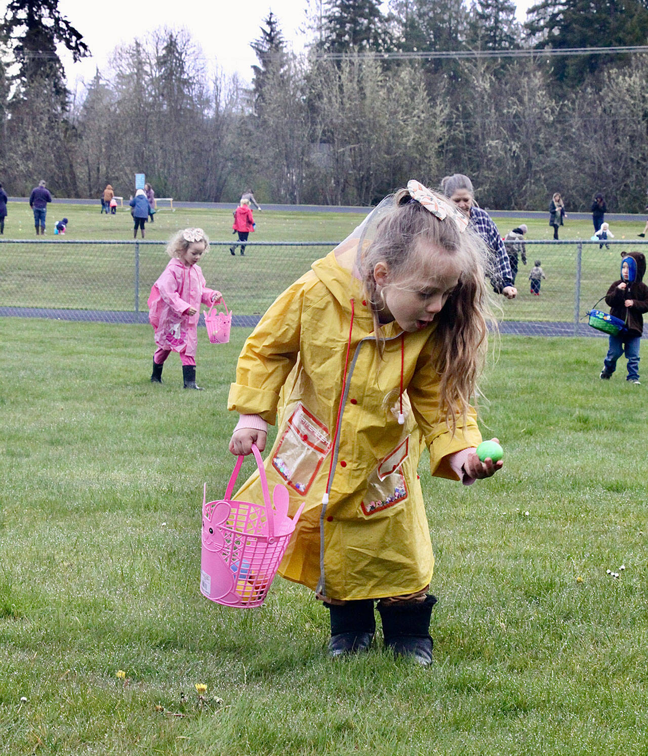 Rose Cowden, 6, of Joyce gets a green egg Saturday during the 19th Kitchen Family Easter Egg Hunt held on the playground of Crescent School. The event drew a crowd estimated at nearly 300 kids, parents and grandparents with 2,200 plastic and real eggs for children in three age brackets. (Dave Logan/For Peninsula Daily News)