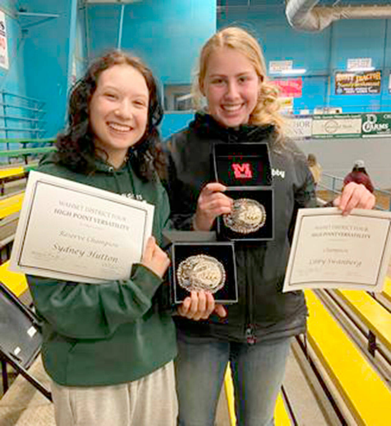 Congratulations WAHSET top winners Sydney Hutton, left, and Libby Swanberg on their District 4 High Point accomplishments including bringing home reserve champion and champion belt buckles in Versatility. (Courtesy photo)