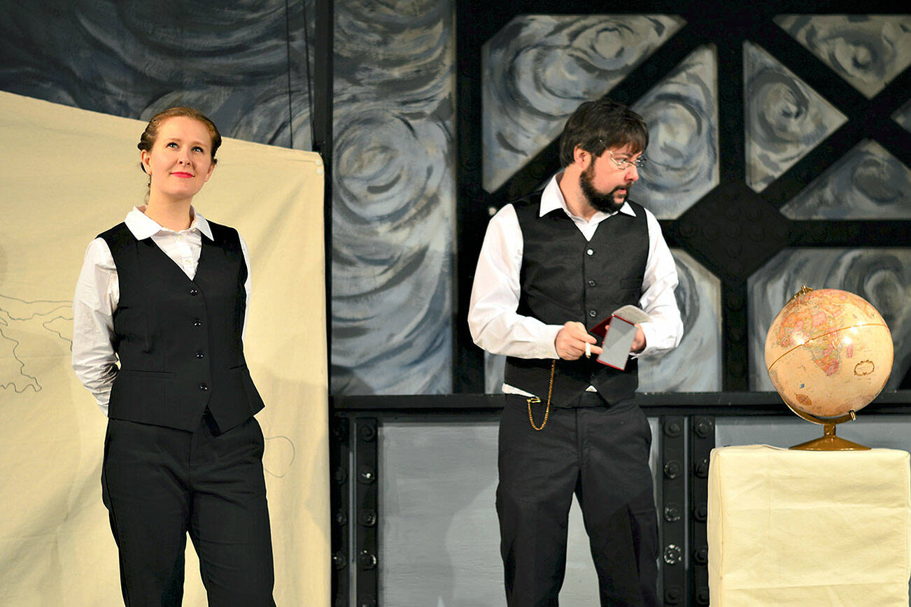 Nellie Bly (Maggie Jo Bulkley) and Phileas Fogg (Brendan Chambers) engage in global travel — real and imagined — in “Around the World in Less Than 80 Days,” now playing at Key City Public Theatre in Port Townsend. (Diane Urbani de la Paz/Peninsula Daily News)