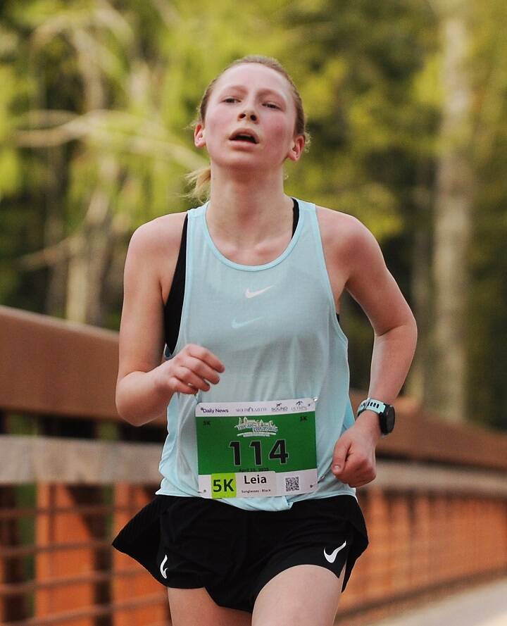 Leia Larson of Port Angeles, a middle school student, won the women’s 5K at the Sequim Railroad Run on Saturday. (Michael Dashiell/Olympic Peninsula News Group)