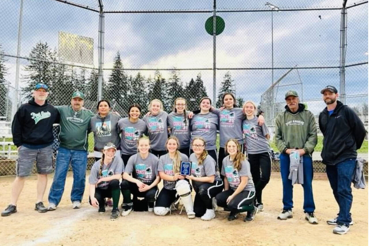 The Port Angeles Illusion Fastpitch 18U girls won the championship Sunday at the US Specialty Sports Association Space Coast Qualifier in Olympia. The girls won a paid berth to the Space Coast Cup regional Championship in Viera, Fla., in late June. From left, standing are coach Bucky Johnston, coach Warren Stevens and coach Leeah Faris, players Taylee Rome, Ava Sheahan, Macy Aumock, Jadeah Nordberg, Alyssa Vendenberg, Jill Begley, and coaches Rick Pennington and Greg Faris. From left, sitting, are Mikkhia Stevens, Cydne Moore, Mikki Green, Cheyenne Zimmer and Jocy Kazlauskas.