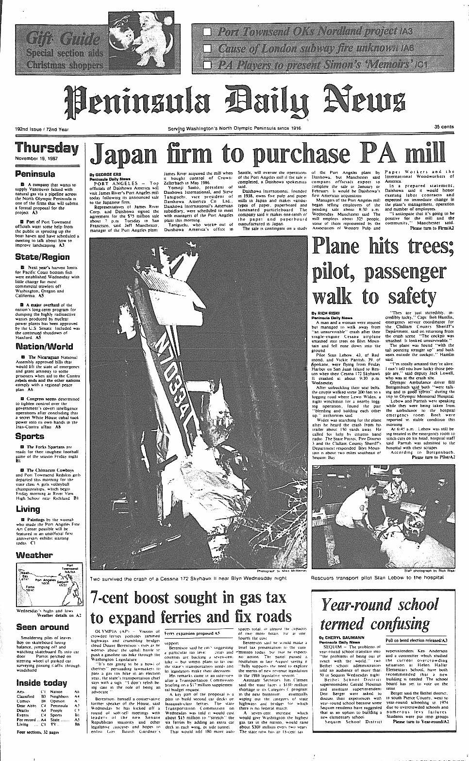 The Nov. 19, 1987, edition of the Peninsula Daily News carries an article about the Blyn Mountain plane crash — an article still carried by crash survivor Vicki Parrish.