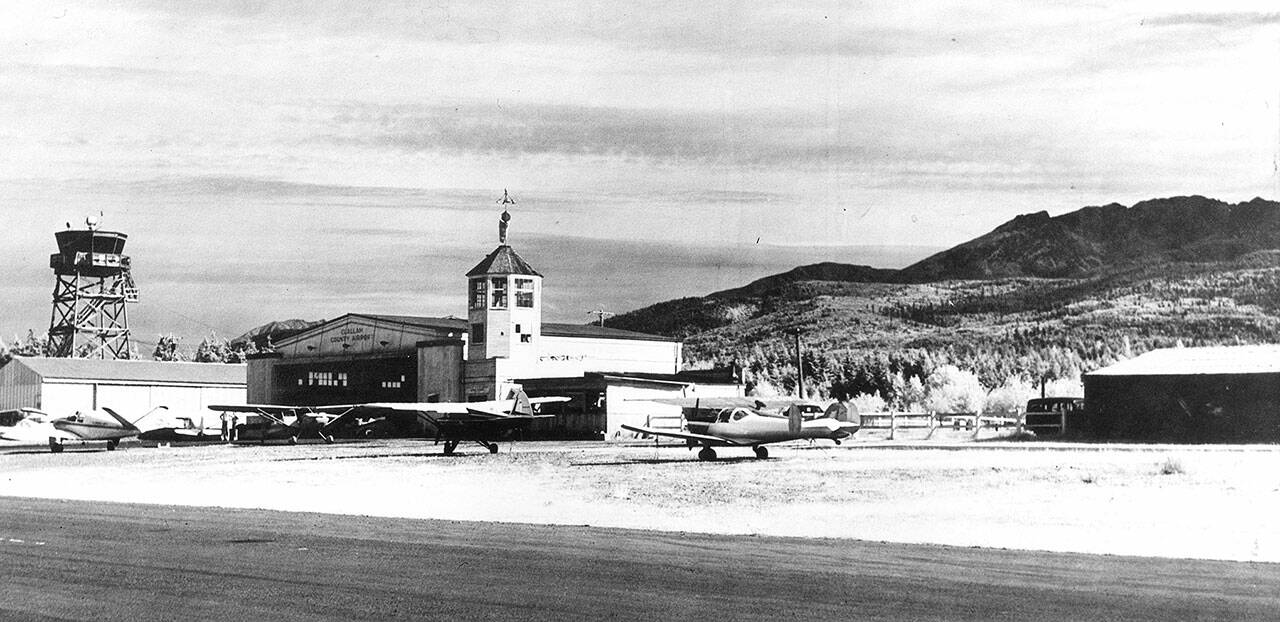 The Clallam County Airport in the 1950s with WPA-built observation tower in the foreground, and the Army Air Corps-built tower in the background. (North Olympic History Center)
