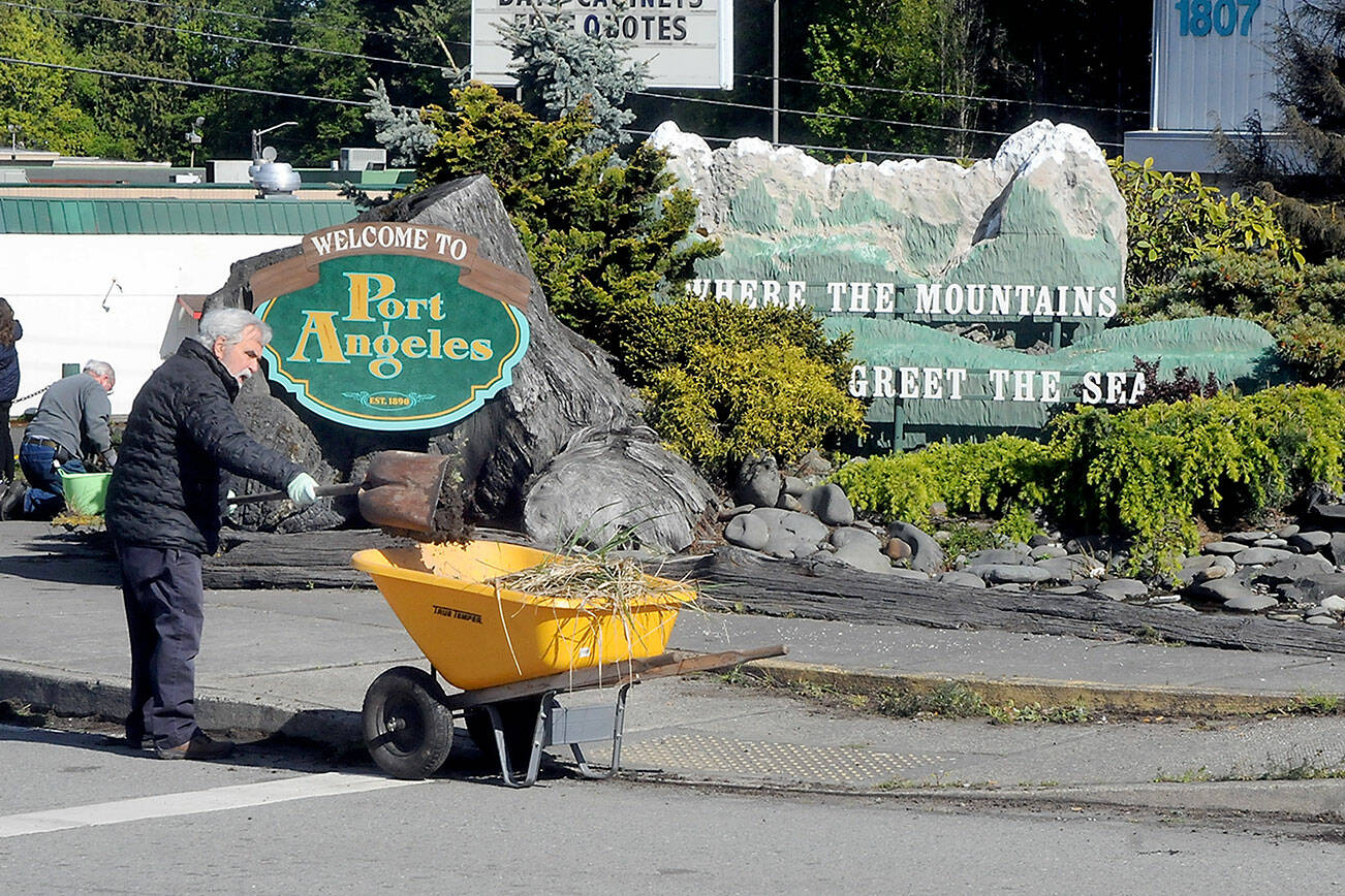 Keith Thorpe/Peninsula Daily News
Port Angeles Business Association member John Brewer fills a wheelbarrow with weeds and dirt during a clean-up effort to beautify the Port Angeles welcome display Front Street and Ennis Cutoff on Saturday. A team of association members along with their friends and families took part in the activity.