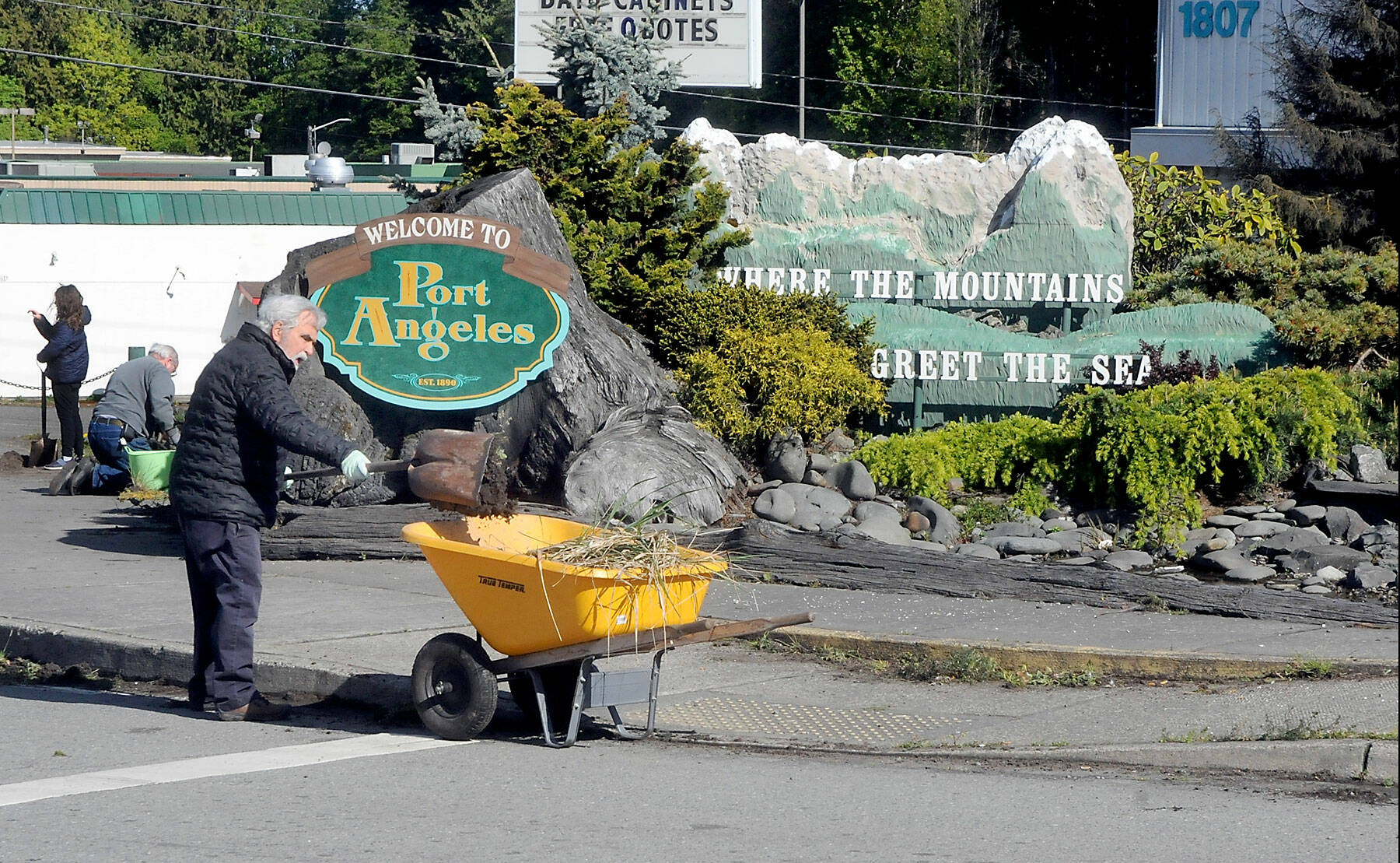 Port Angeles Business Association member John Brewer fills a wheelbarrow with weeds and dirt during a clean-up effort to beautify the Port Angeles welcome display Front Street and Ennis Cutoff on Saturday. (Keith Thorpe/Peninsula Daily News)
