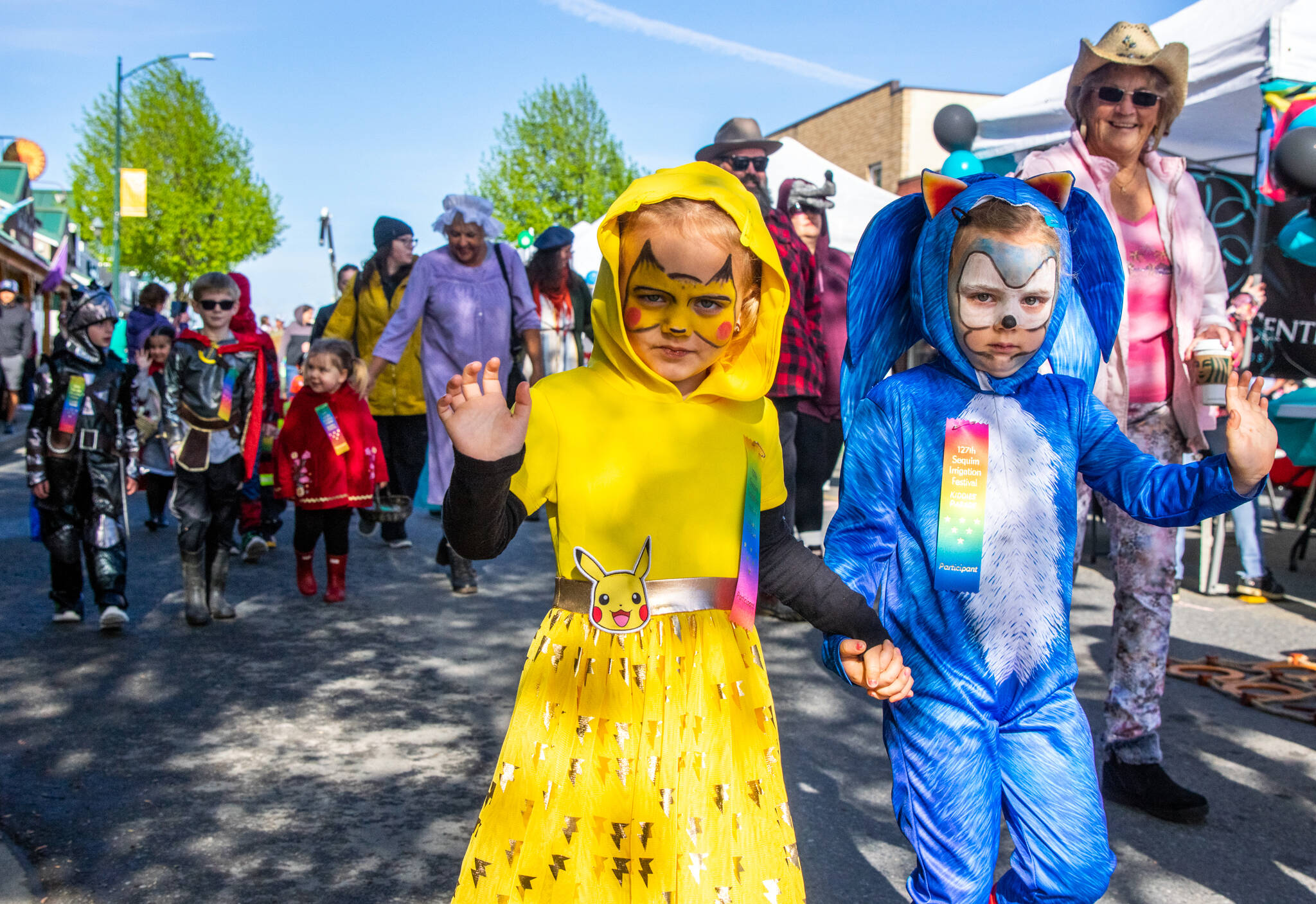 Pikachu and Sonic the Hedgehog participate in the Kids Parade during the first weekend of Sequim’s annual Irrigation Festival. This year marks the 127th anniversary of the festival. The Grand Parade will be conducted next Saturday. (Emily Matthiessen/Olympic Peninsula News Group)