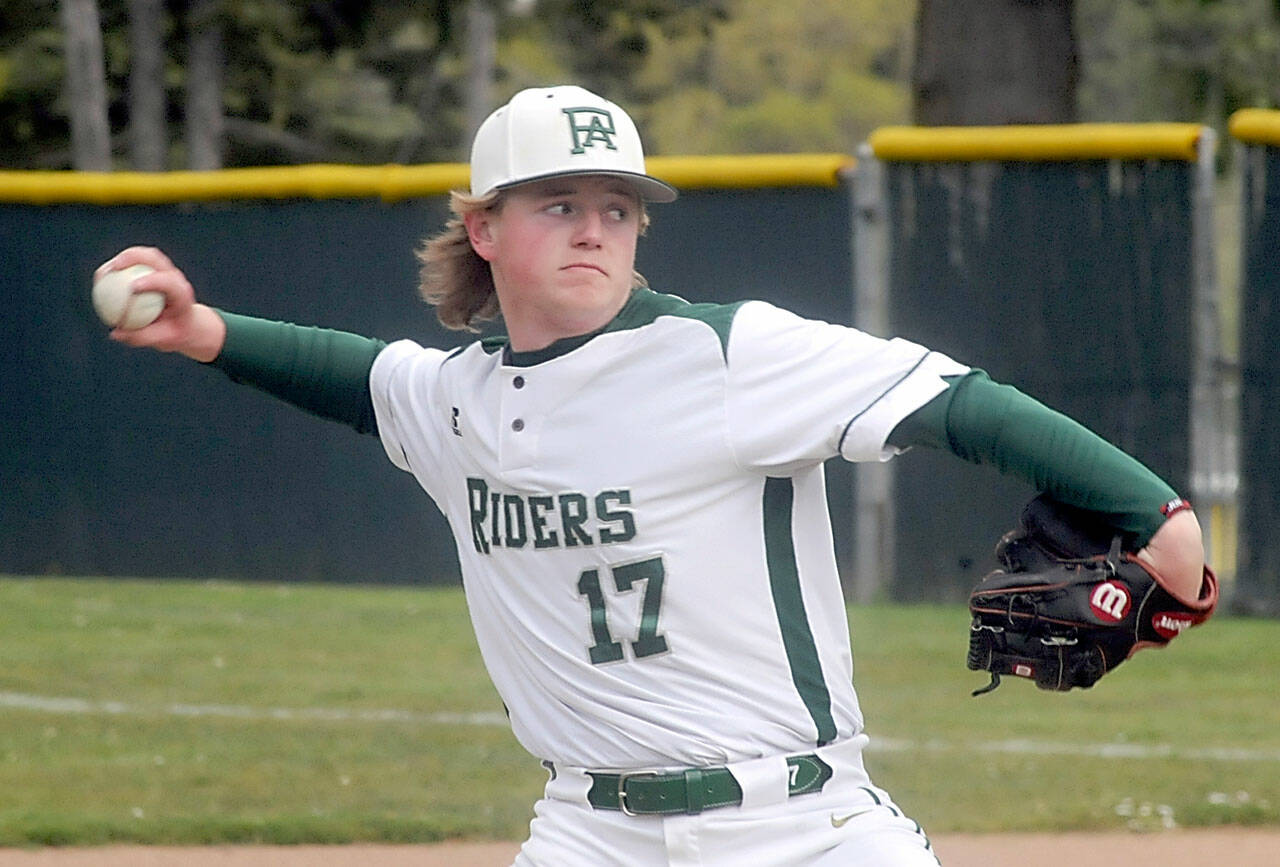 Port Angeles pitcher Elijah Flodstrom throws in the second inning on Tuesday against Franklin Pierce at Volunteer Field in Port Angeles. (Keith Thorpe/Peninsula Daily News)