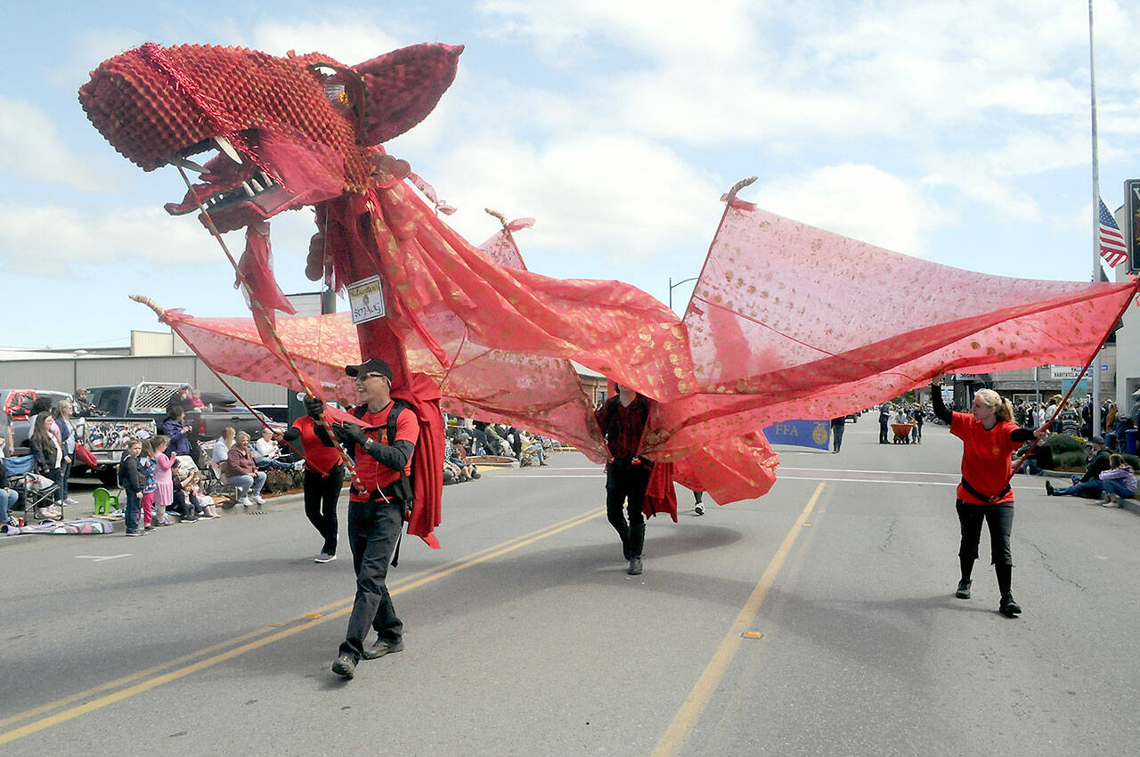 A stylized dragon with its mouth operated by Kurt White makes its way down Washington Street as part of the Olympic Theatre Arts entry in Saturdays Sequim Irrigation Festival Grand Parade. The event returned to an in-person activity with more than 90 entries and thousands of spectators lining the parade route. (Keith Thorpe/Peninsula Daily News)