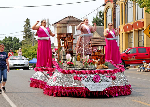 Port Townsend Rhododendron Festival Royality are, from left, Princess Brigitte Palmer, Queen Jenessah Seebergoss and Princess Hailey Hirschel. Seebergoss will not be able to attend this year. (photo by Lisa Jensen)
